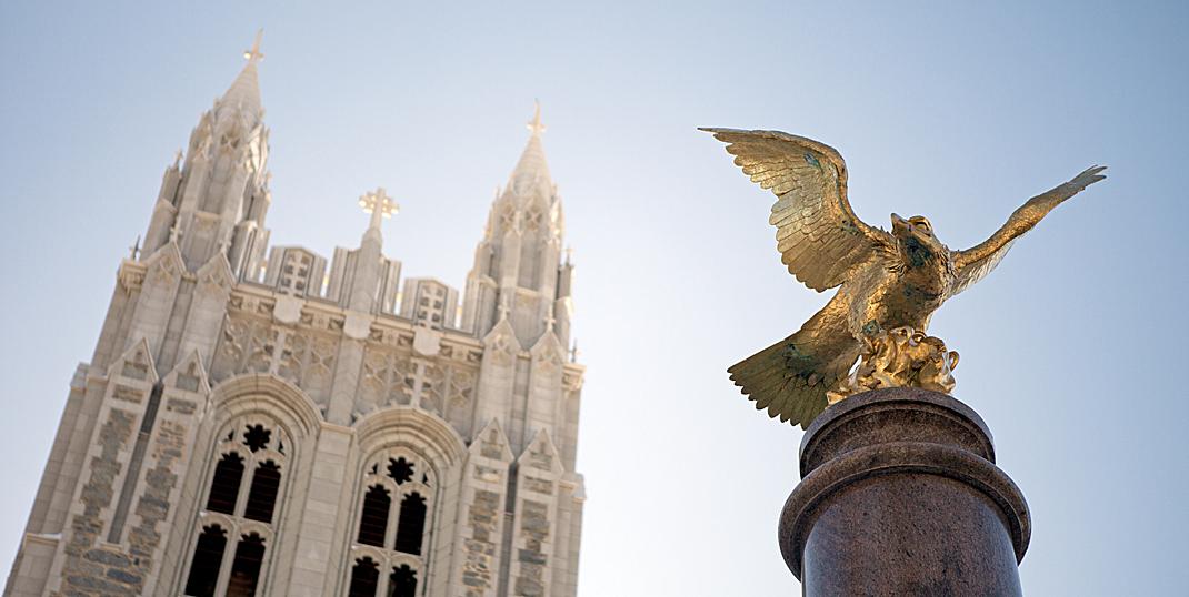 Gasson Hall and golden eagle statue